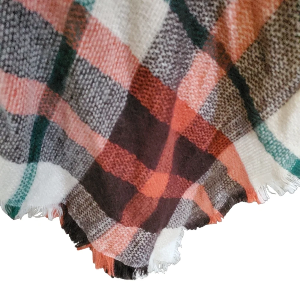 Tartan Plaid Blanket‎ Scarf Shawl Wrap Orange Ivory Dark Brown Cozy Cottagecore